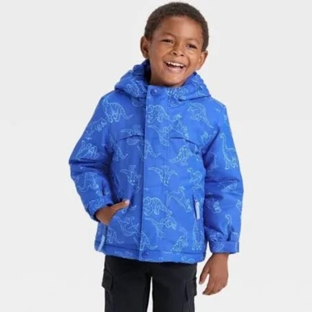 Cat & Jack Toddler Boys Blue Dinosaur Puffer Jacket Hooded Fleece Lined 18M